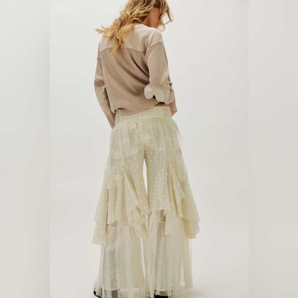 Free People Florence Lace Layered Wide Leg Pants Ivory Cream Boho XS